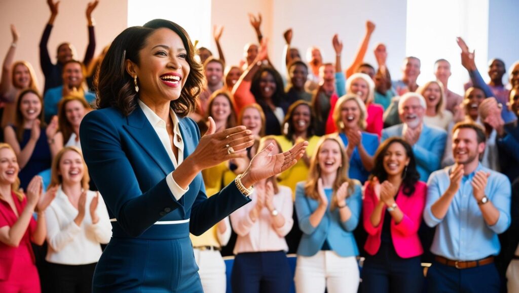 Woman public speaking to a happy clapping audience